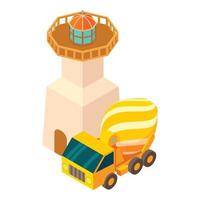 Construction zone icon isometric vector. Concrete mixer truck near lighthouse
