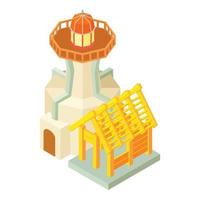 Lighthouse icon isometric vector. Beacon and wooden building under construction vector