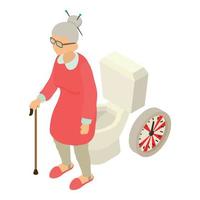 edad enfermedad icono vector isométrico. anciana de pie cerca del reloj de la taza del inodoro