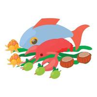 Seafood icon isometric vector. Fresh fish cooked red crayfish and seaweed icon vector