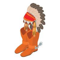 American west icon isometric vector. Leather cowboy boot and indian headdress vector