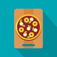 Pizza with ingredients on the wooden board icon vector