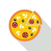 pizza con champiñones, salami y aceitunas, icono vector