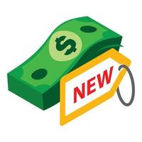 Cash money icon isometric vector. Stack of dollar bills and label that says new vector