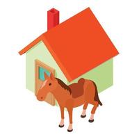 Old west icon isometric vector. Cowboy horse with saddle near the building icon vector