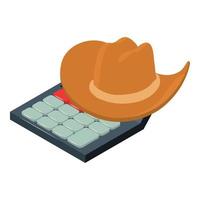 concepto de contabilidad icono vector isométrico. icono clásico de sombrero de vaquero y calculadora