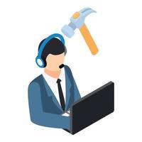 Building service icon isometric vector. Operator front laptop hammer nail puller vector