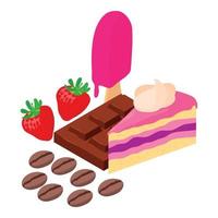 Sweet food icon isometric vector. Piece cake ice cream chocolate bar strawberry vector