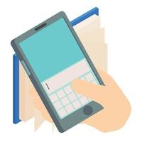 Electronic library icon isometric vector. Smartphone in human hand and open book vector