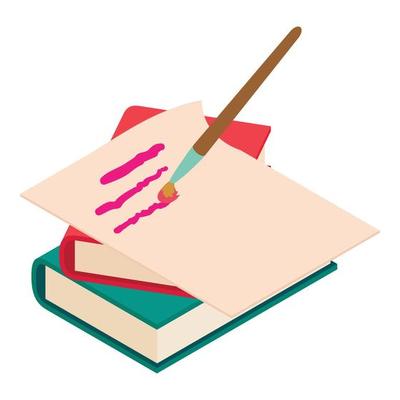 Brush writing icon isometric vector. Brush write on paper sheet stack book icon
