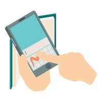 E learning icon isometric vector. Human hand holding smartphone open paper book vector