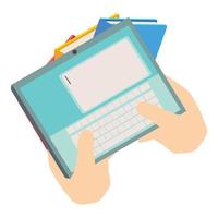 Online education icon isometric vector. Tablet in human hand on book background vector