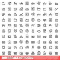 100 iconos de desayuno, estilo de esquema vector