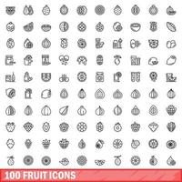 100 fruit icons set, outline style vector