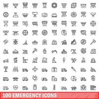 100 emergency icons set, outline style vector