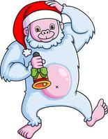 Friendly Yeti wearing Santa hat and  ringing on a bell vector