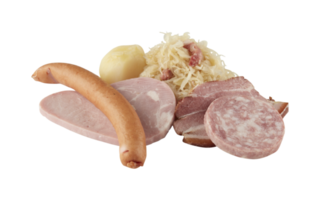 Ham, fresh smoked pork slices with cut out isolated on background transparent png