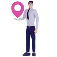 3d business man holding location icon