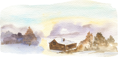 Watercolor illustration of winter sunrise landscape with farmhouse png