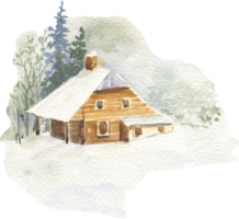 Watercolor illustration of a winter landscape with a house in the forest png