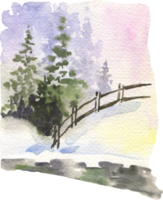 Watercolor winter landscape country in forest with fence png