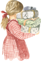 Watercolor illustration of a girl in a red plaid dress holding gifts png