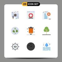Mobile Interface Flat Color Set of 9 Pictograms of drink salad protection office delete note Editable Vector Design Elements