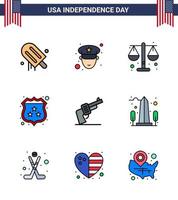 USA Happy Independence DayPictogram Set of 9 Simple Flat Filled Lines of weapon gun justice police security Editable USA Day Vector Design Elements