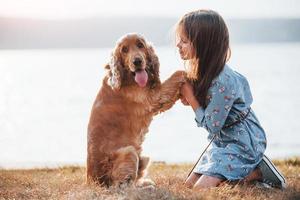 Holding by the hands. Cute little girl have a walk with her dog outdoors at sunny day photo