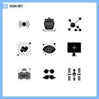 Pictogram Set of 9 Simple Solid Glyphs of eye heart atom brightness genetic Editable Vector Design Elements