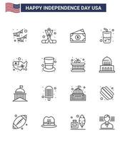 paquete de 16 líneas de celebración del día de la independencia de EE. UU. Signos y símbolos del 4 de julio, como bebida de cola, vidrio americano, elementos de diseño vectorial editables del día de EE. UU. vector