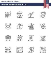 Set of 16 Modern Lines pack on USA Independence Day cap food gun fries chips Editable USA Day Vector Design Elements