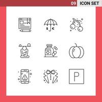 Group of 9 Outlines Signs and Symbols for mindfulness meditation save concentration cherry Editable Vector Design Elements