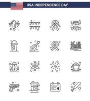 4th July USA Happy Independence Day Icon Symbols Group of 16 Modern Lines of america party badge decoration american Editable USA Day Vector Design Elements