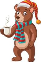 Cute bear cartoon wearing scarf and hat holding hot coffee vector