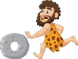hombre de las cavernas de dibujos animados persiguiendo rueda de piedra vector