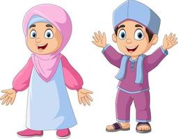 feliz, musulmán, niño y niña, caricatura vector