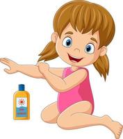 niña de dibujos animados en traje de baño aplicando loción de protección solar en el brazo vector
