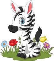 Cartoon baby zebra sitting in the grass vector