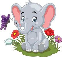 Cartoon baby elephant with butterfly in the grass vector
