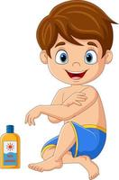 Cartoon little boy applying sunscreen lotion on his arm vector