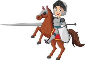 caballero de dibujos animados montando un caballo con lanza y escudo vector