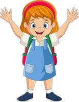 Cartoon school girl with backpack waving hand vector