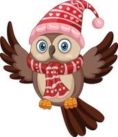 Cute owl cartoon wearing a scarf and santa hat vector