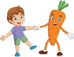 niño pequeño de dibujos animados bailando con el personaje de la mascota de la zanahoria vector