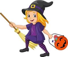Cartoon little witch girl carrying a basket of candies in a pumpkin basket. Little girl wearing witch halloween costume holding broom vector