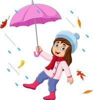 Cartoon little girl holding umbrella in the rain and falling autumn leaves vector