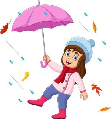 Cartoon little girl holding umbrella in the rain and falling autumn leaves