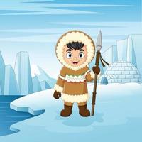 Cartoon little eskimo kid of north pole background vector