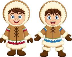 Cartoon eskimo kids wearing traditional clothes vector